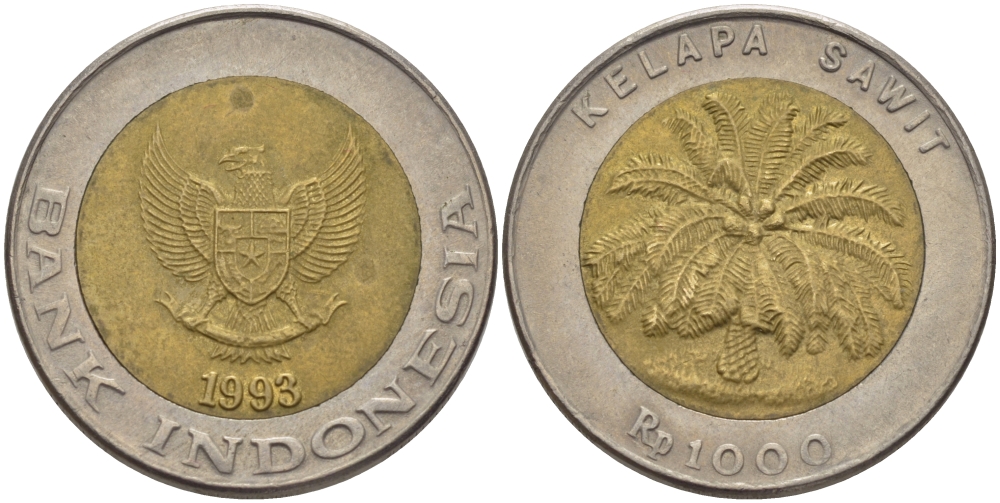 ИНДОНЕЗИЯ 1000 РУПИЙ 1993 ПАЛЬМА KM 56 биметалл 67-913