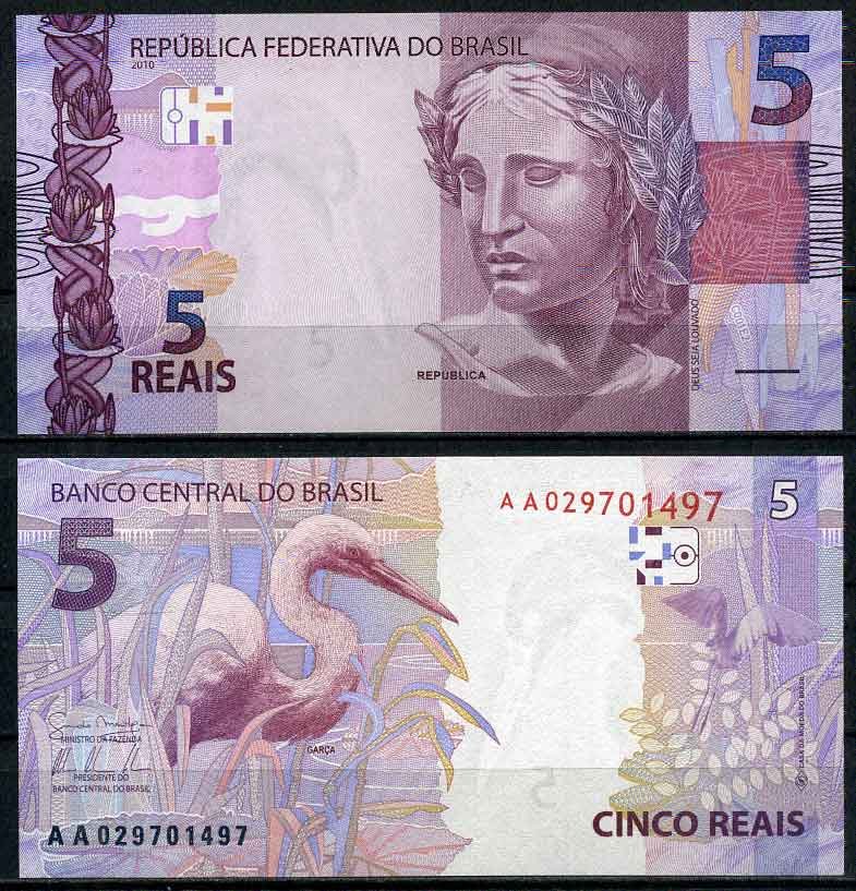 Бразилия 5 реал 2010 голова Республики, цапля Pick 253 a бумага UNC (пресс) 2196-14-3-1