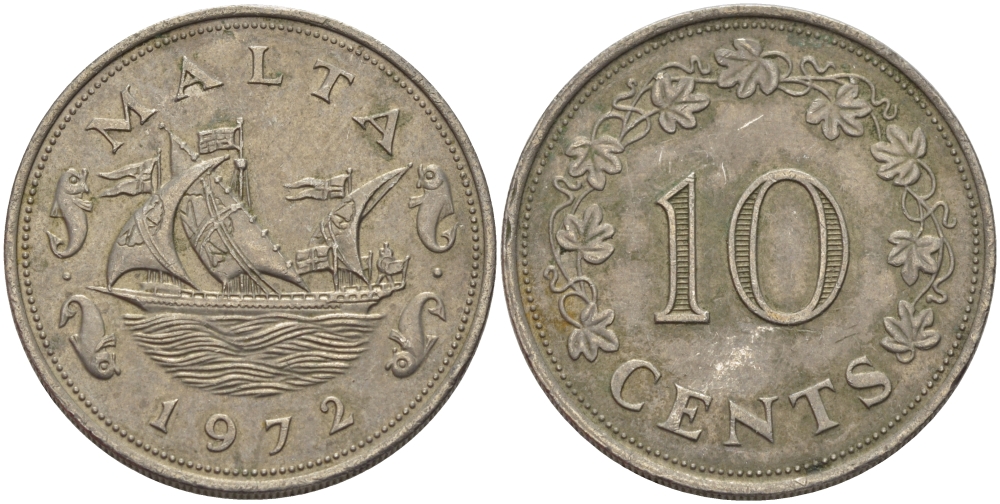 Мальта 10 центов 1972 баржа Великого магистра KM 11 медно-никель 82-516