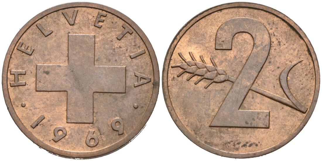 Швейцария 2 раппена 1969 KM 47 бронза 4567-139