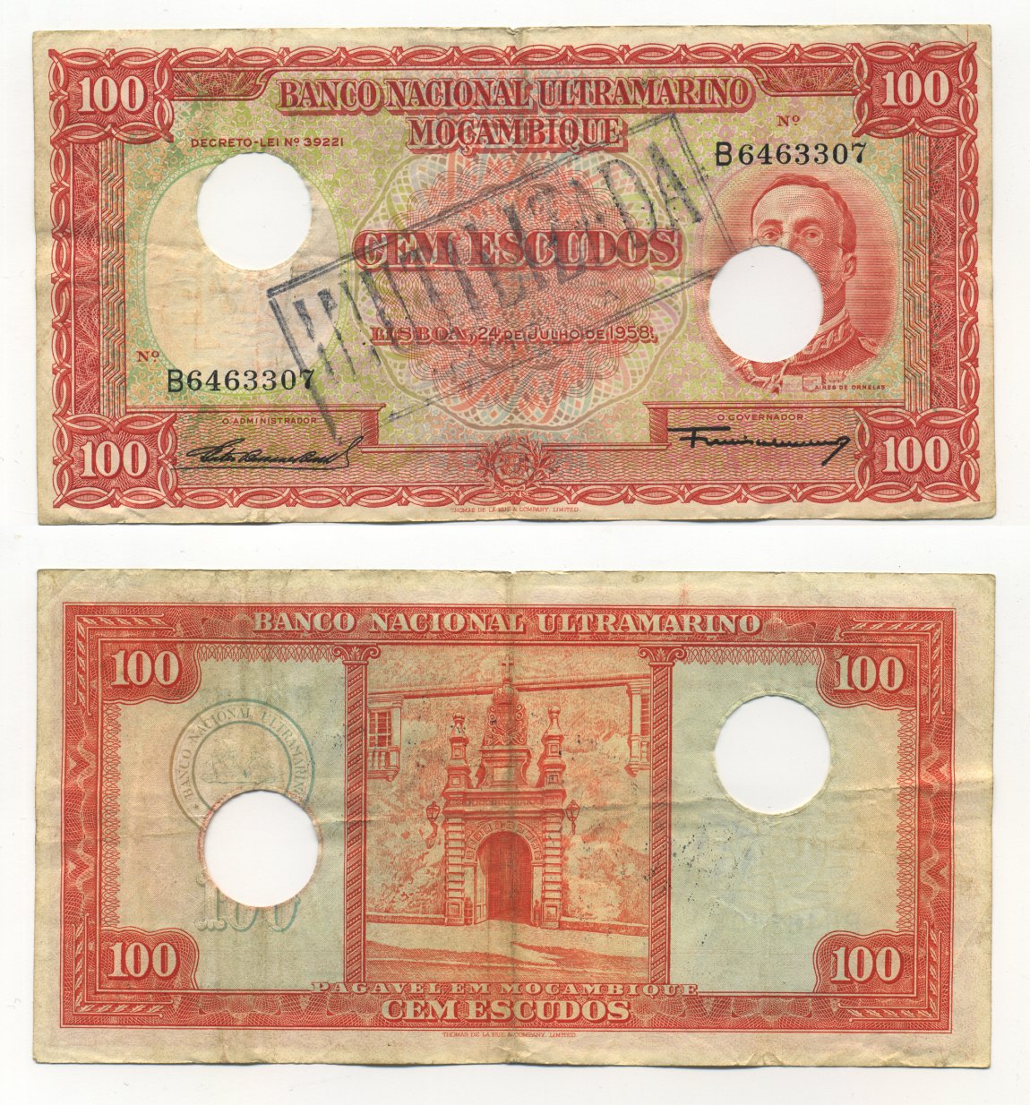 ПОРТУГАЛЬСКИЙ МОЗАМБИК 100 ЭСКУДО 1958 ПОГАШЕНА Pick 107 бумага 6283-31-3