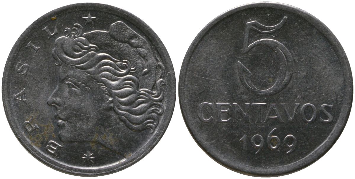 Бразилия 5 сентаво 1969  голова свободы влево KM 577.2, Schon 82a нержавеющая сталь aUNC 4567-921