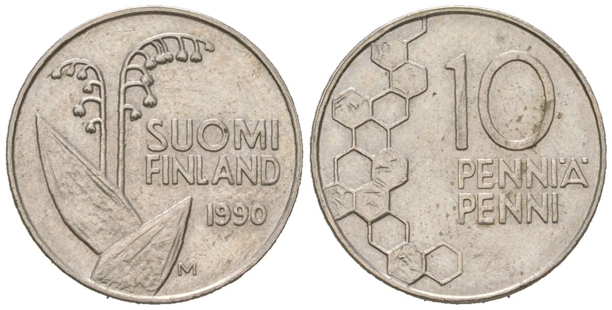 Финляндия 10 пенни 1990 M KM 65 медно-никель aUNC 99-1054