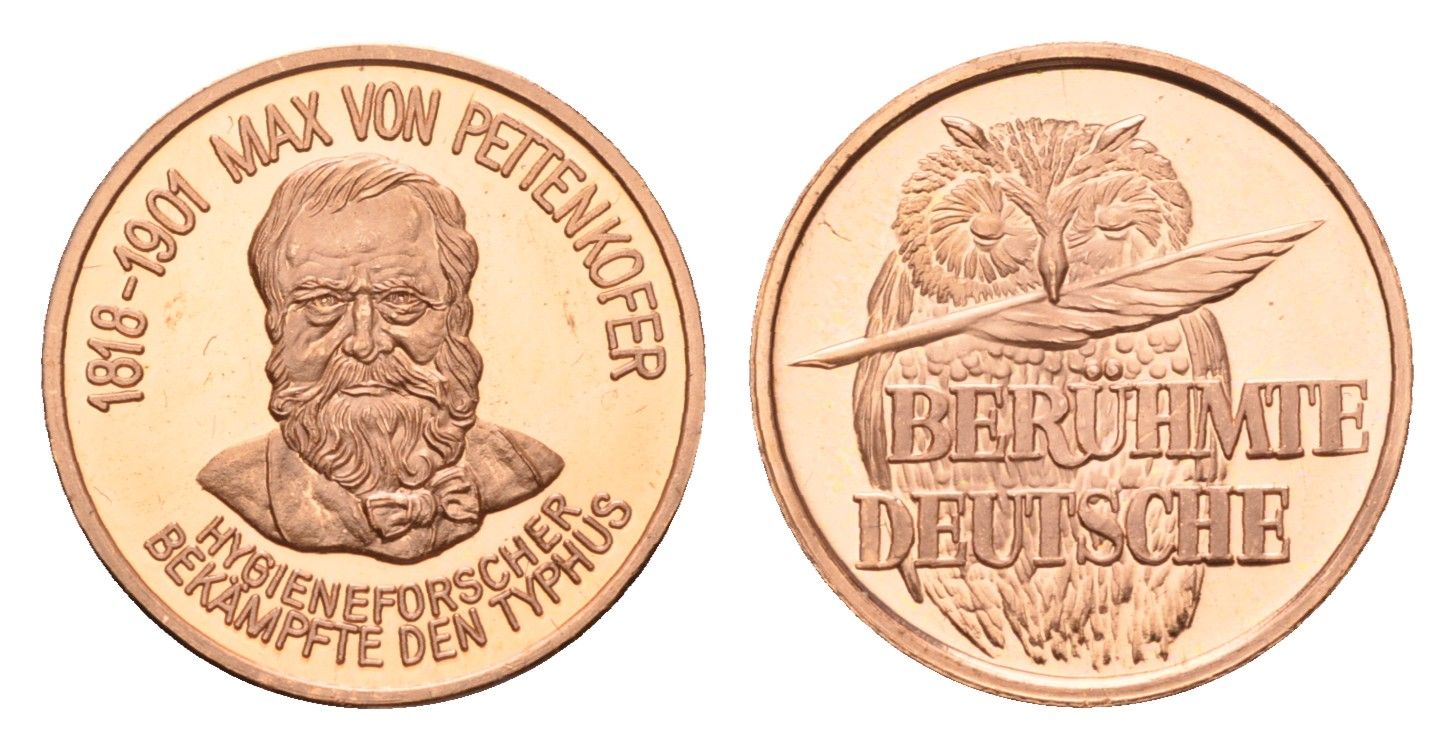 ФРГ медаль из серии знаменитые немцы - Макс Йозеф Петтенкофер (1818-1901) - основатель первого в Европе Института гигиены 1980-ые диаметр 18 мм, вес 2,3 гр алюминий плакированный медью UNC 4625-715