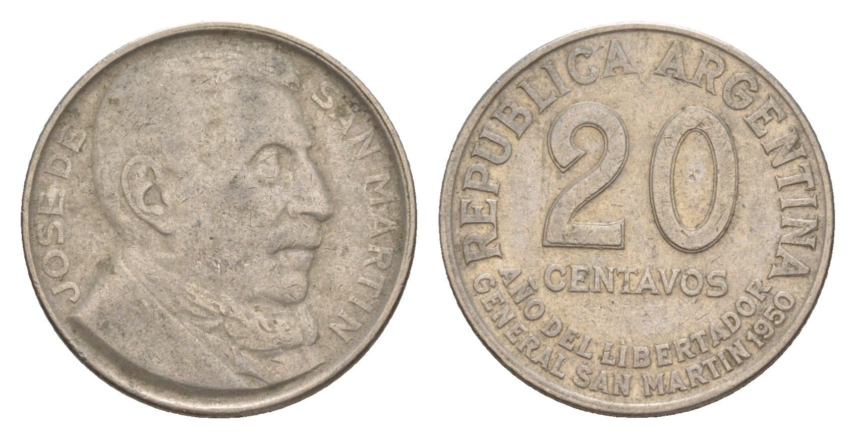 Аргентина 20 сентаво 1950 100 лет со дня смерти Хосе де Сан Мартина KM 45 медно-никель 4649-944