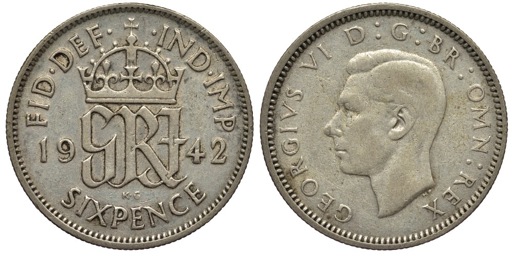 Великобритания 6 пенсов 1942 Георг VI (1936-1952) KM 852, Spink 4084 серебро 4538-446