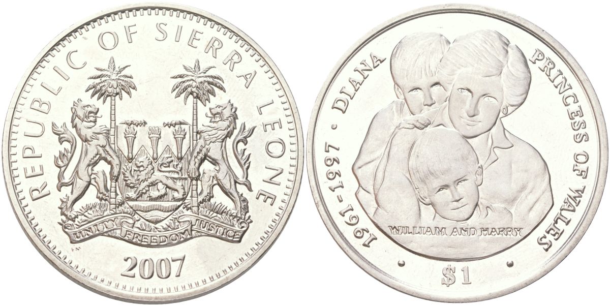 Сьерра-Леоне 1 доллар 2007 10 лет со дня смерти Принцессы Дианы KM 338 медно-никель BU 4368-1215