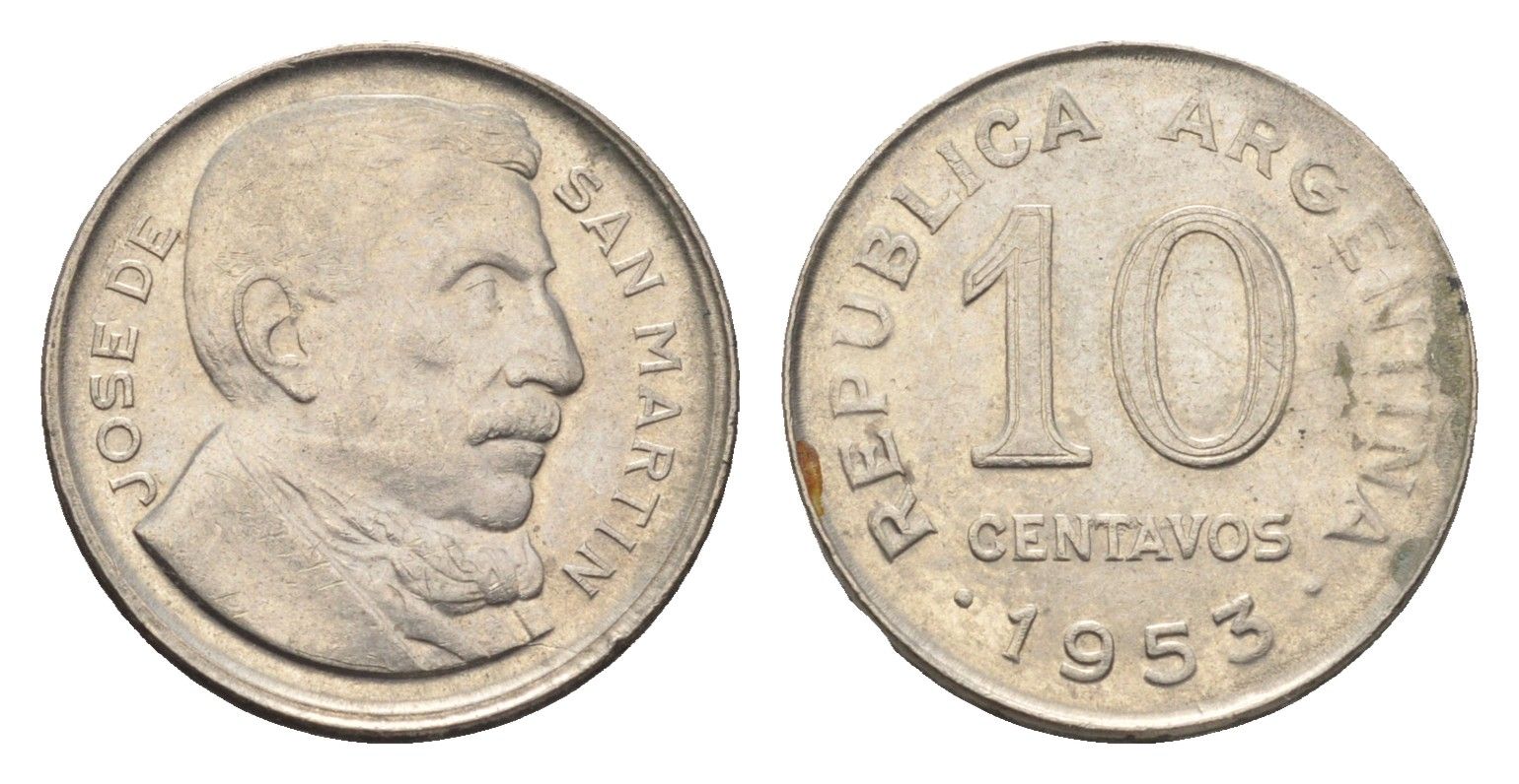 Аргентина 10 сентаво 1953 генерал Хосе де Сан Мартин KM 47a сталь плакированная никелем 4664-551