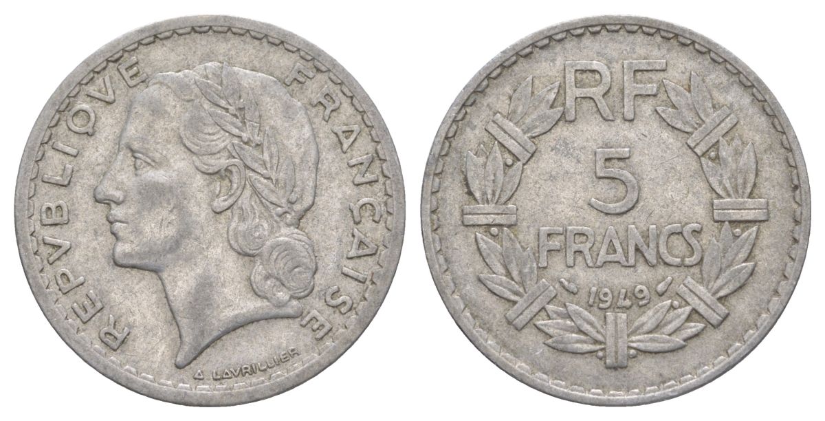 Франция 5 франков 1949 KM 888b.1, Le Franc 339 алюминий 4185-314