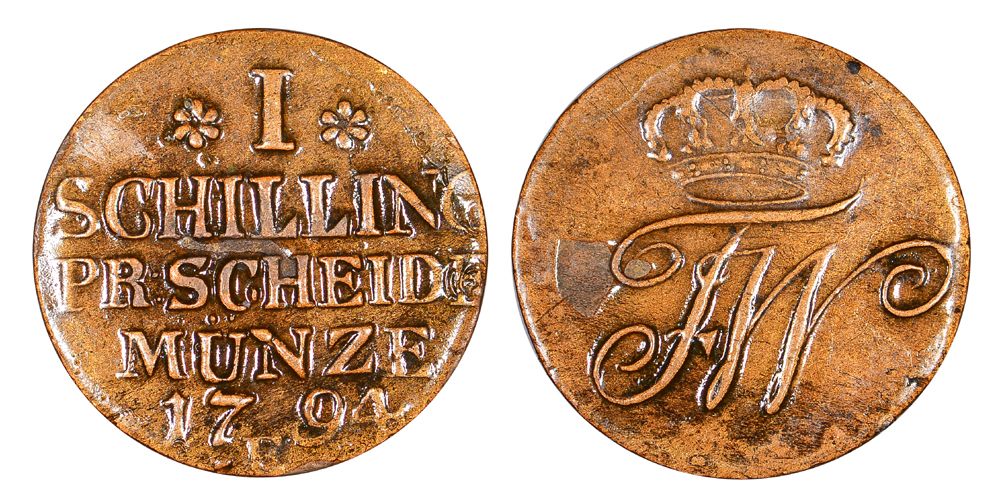 Восточная Пруссия (Польша) 1 шиллинг 1794 E, в лаке KM 50 медь 3459-233