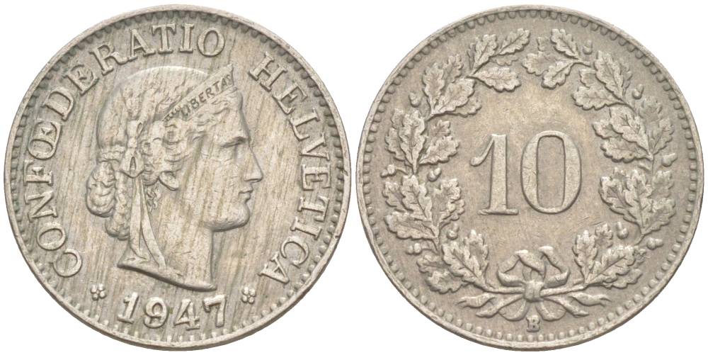 ШВЕЙЦАРИЯ 10 РАППЕНОВ 1947 В KM 27 медно-никель 206-268