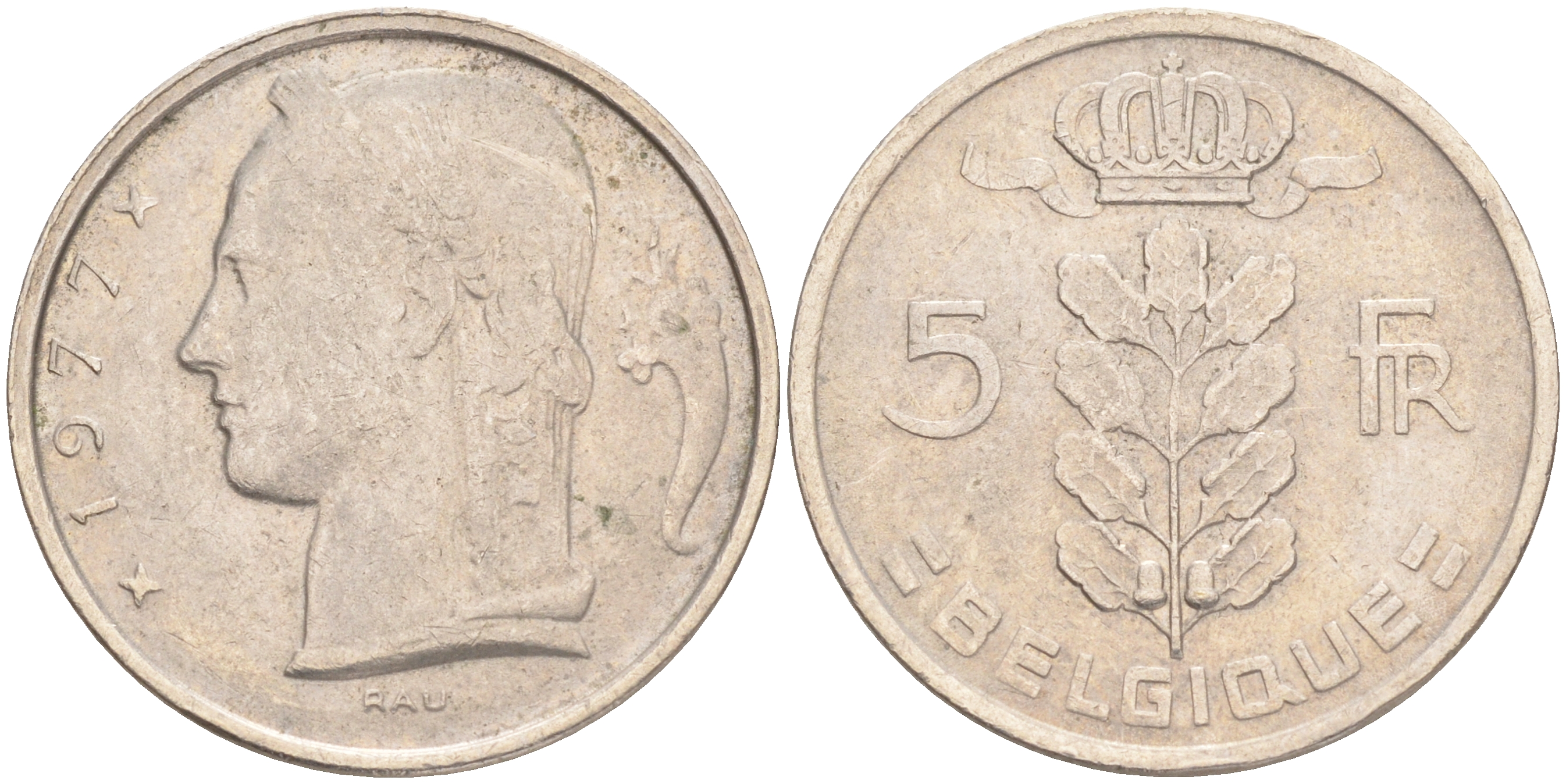 БЕЛЬГИЯ 5 ФРАНКОВ 1977 BELGIQUE KM 134.1 медно-никель 4556-555