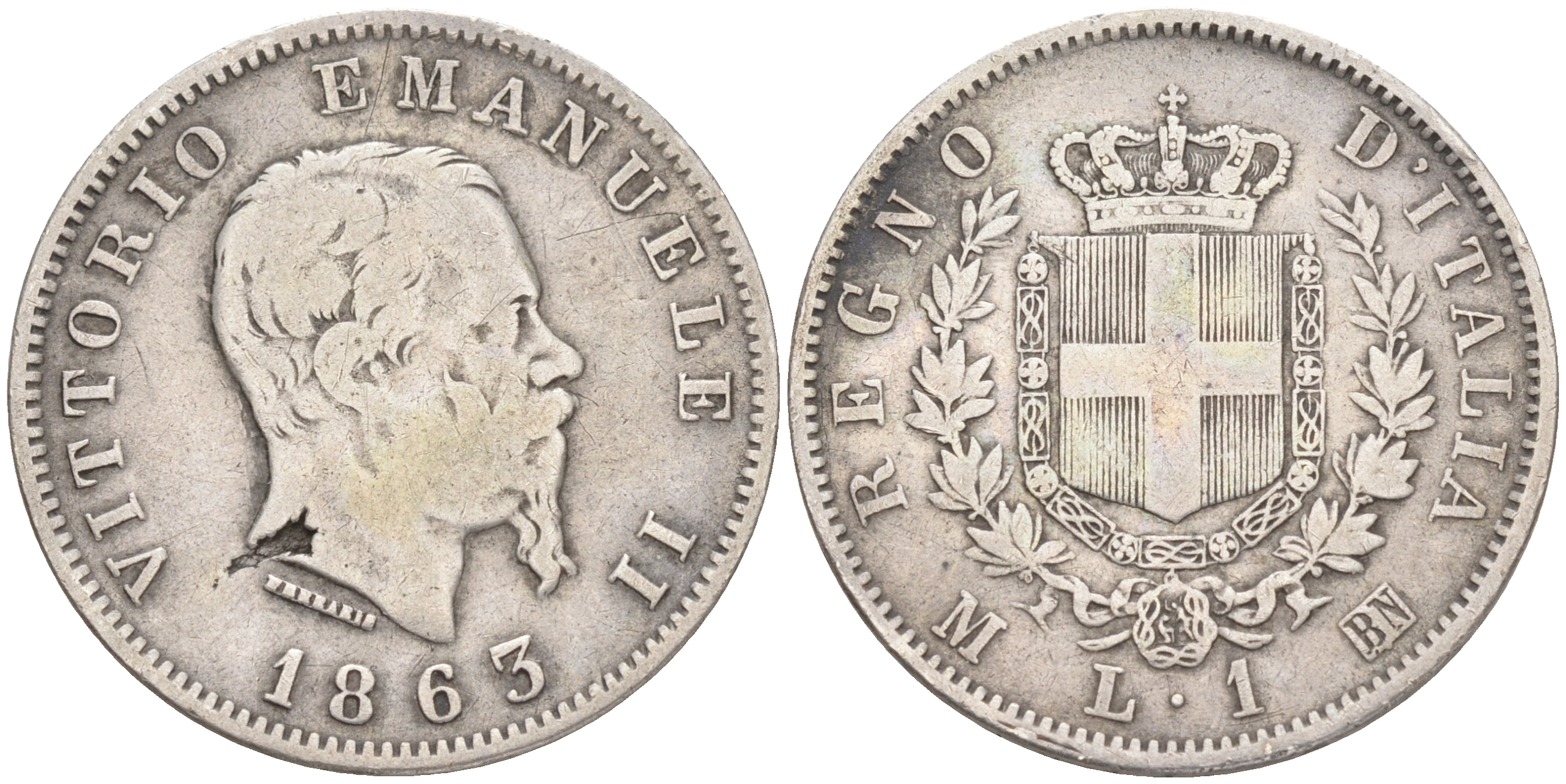 Италия 1 лира 1863 M-BN, Виктор Эммануил II KM 5a.1 серебро 4556-1113