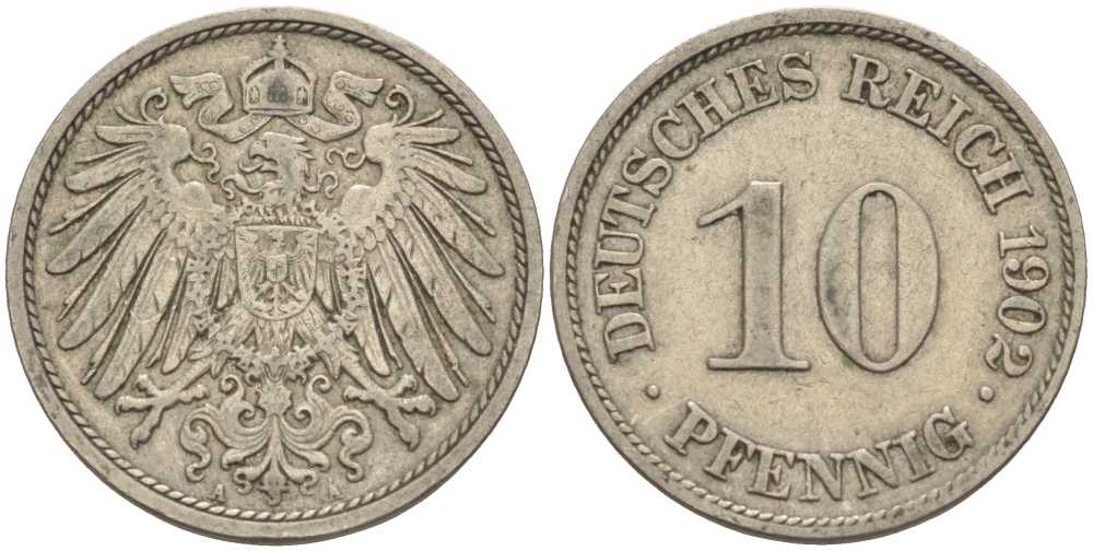 ГЕРМАНИЯ 10 ПФЕННИГОВ 1902 A KM 12, J. 13 медно-никель 4401-1237