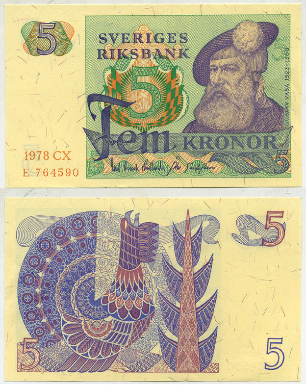 Швеция 5 крон 1978 CX, Густав I Ваза Pick 51d бумага aUNC 444-118-3
