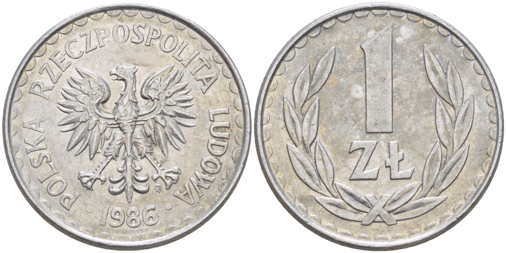 ПОЛЬША 1 ЗЛОТЫЙ 1986 MW KM 49.2, Parchimowicz 214a алюминий 216-843