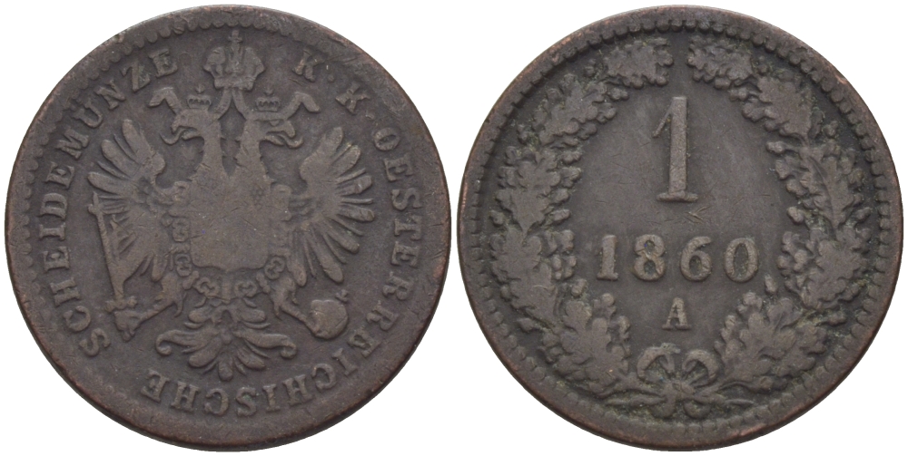 АВСТРИЯ 1 КРЕЙЦЕР 1860 А KM 2186 медь 100-133