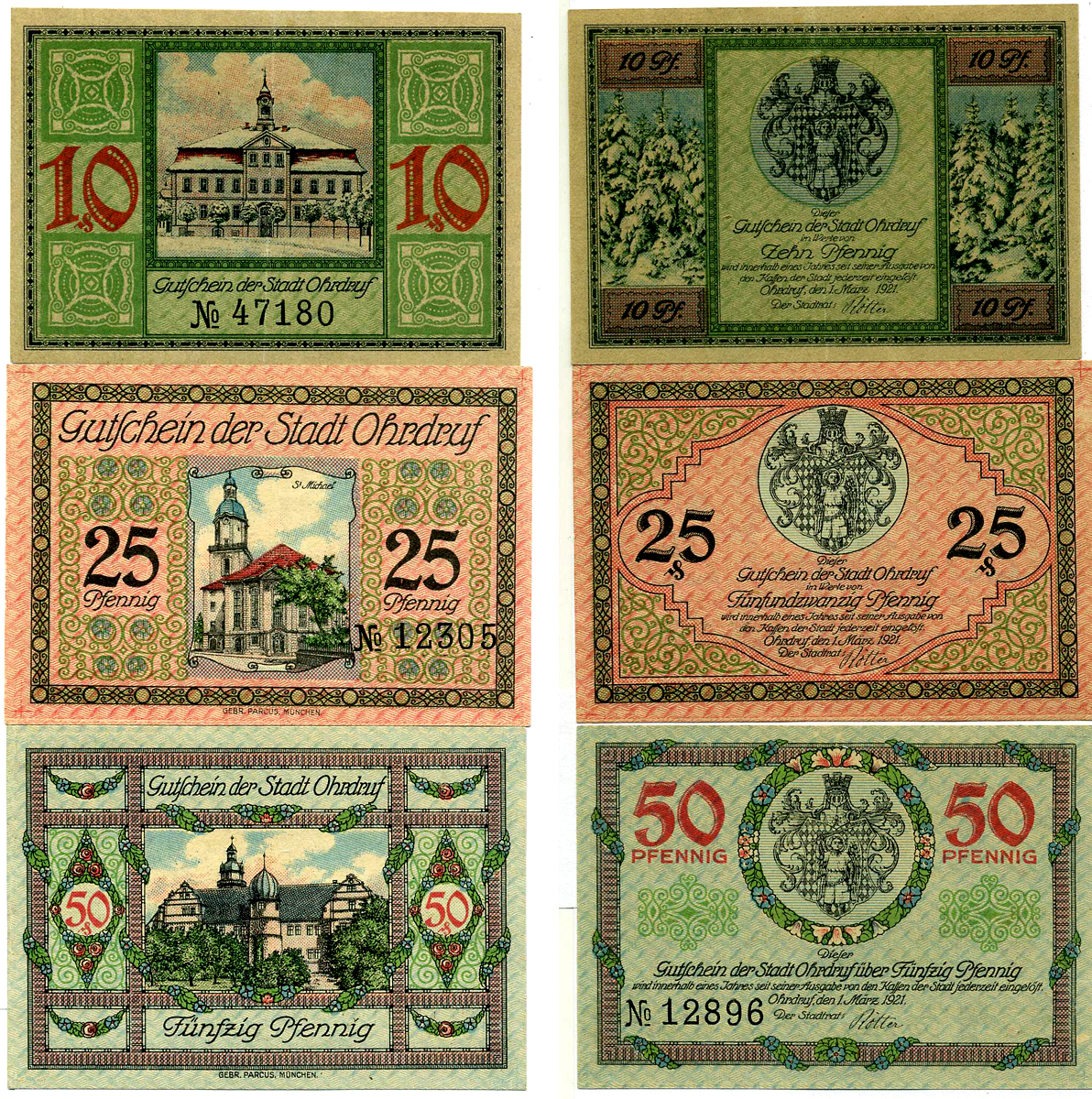 Германия, Ордруф набор из 3 банкнот 1921 1 МАРТА 1921, НОТГЕЛЬД (10, 25, 50 ПФЕННИГОВ), ЗЕМЛЯ ТЮРИНГИЯ, БЕЗ ПЕЧАТИ Grabowski 1012.1b, 1012.2b бумага 2193-6-2-2