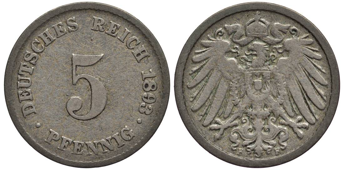 ГЕРМАНИЯ 5 ПФЕННИГОВ 1893 F KM 11, Jager 12, Weege 6 медно-никель 4547-336