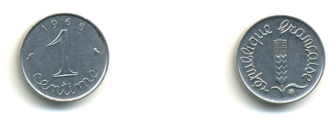 ФРАНЦИЯ 1 САНТИМ 1965 KM 928 хромированная сталь 176-818