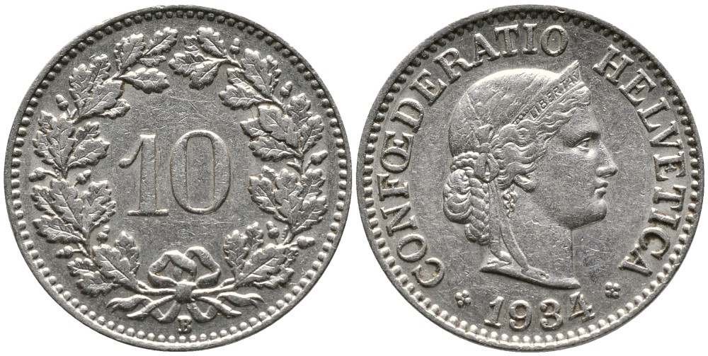 Швейцария 10 раппенов 1934 B KM 27b никель     4539-434