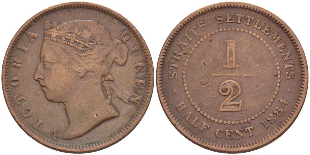 Стрейтс-Сетлментс 1/2 цента 1884 Виктория (1837-1901) KM 8a бронза 441-922
