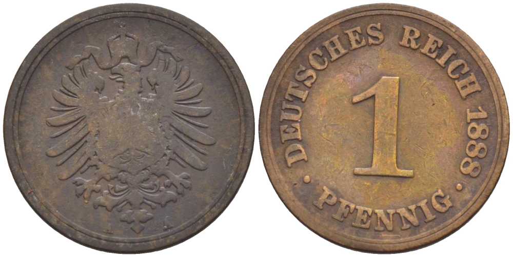 ГЕРМАНИЯ 1 ПФЕННИГ 1888 A, СТАРОГЕРБОВКА KM 1, J. 1, Weege 1 медь 206-1257