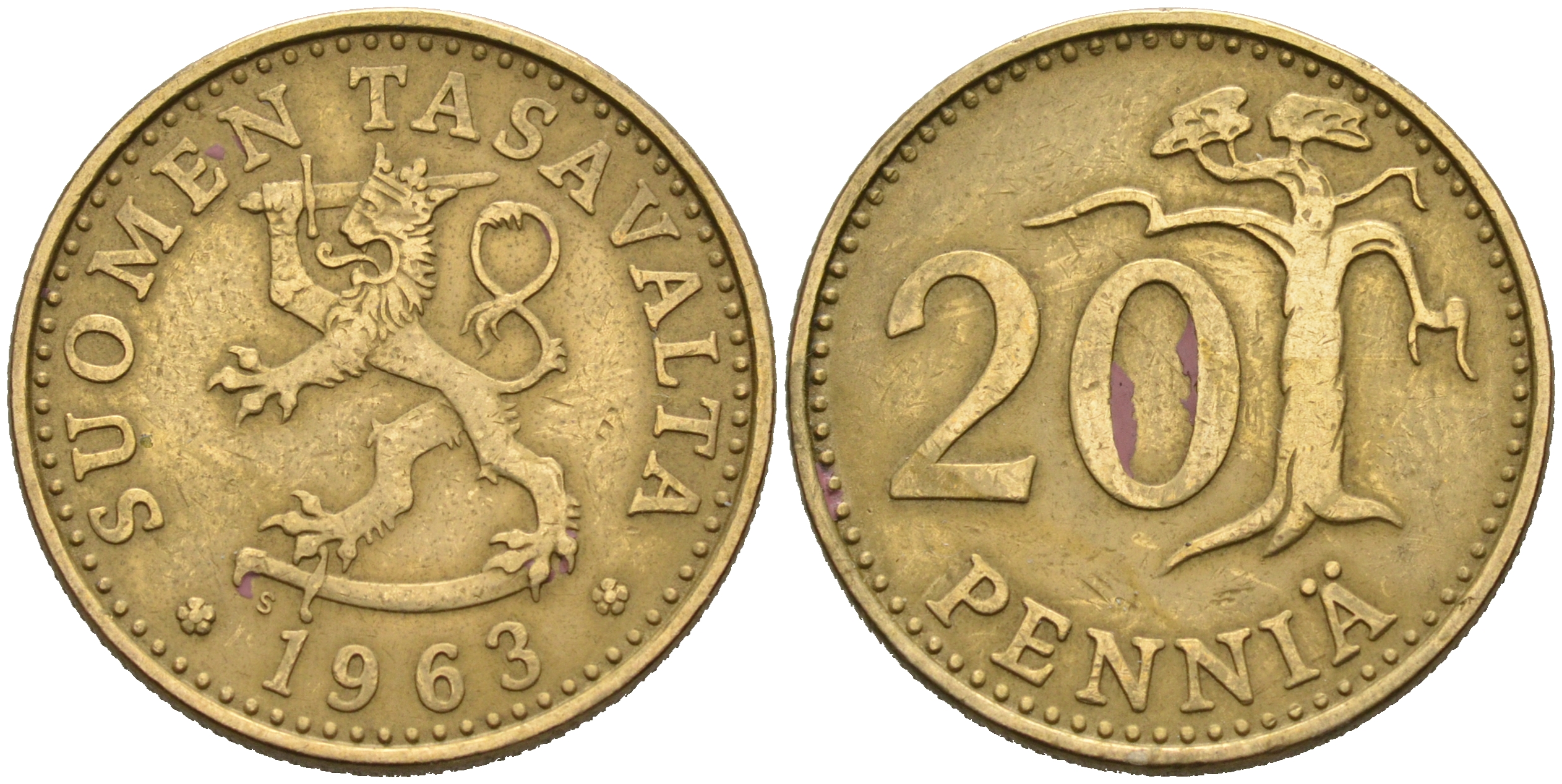 ФИНЛЯНДИЯ 20 ПЕННИ 1963 S KM 47 алюминиевая бронза 4566-436