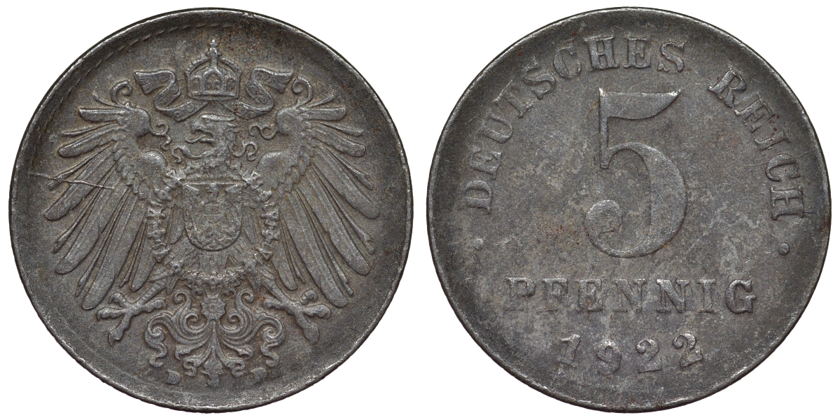 Германия 5 пфеннигов 1922 D KM 19, J. 297, Weege 5 железо 4118-1212