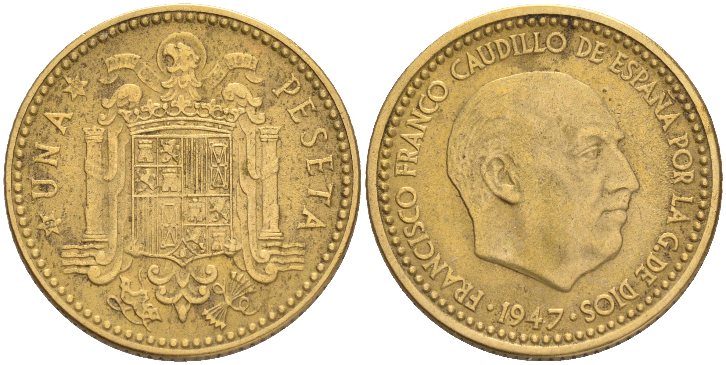 ИСПАНИЯ 1 ПЕСЕТА 1947 (49) ФРАНСИСКО ФРАНКО ДИКТАТОР ИСПАНИИ (1939-1975) KM 775 алюминиевая бронза 4561-812