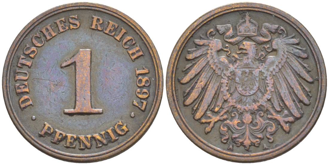 Германия 1 пфенниг 1897 A KM 10, J. 10, Weege 2 медь 4528-1144