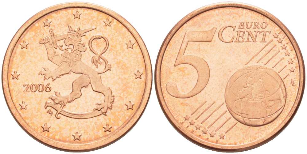 ФИНЛЯНДИЯ 5 ЕВРОЦЕНТОВ 2006 M KM 100 сталь плакированная медью UNC 214-326