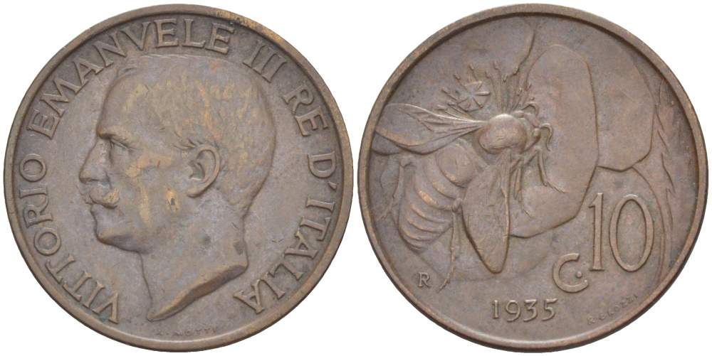 ИТАЛИЯ 10 ЧЕНТЕЗИМО 1935 R, МОНДВОР РИМ, ВИКТОР ЭММАНУИЛ III (1900-1946) KM 60 медь 4525-324