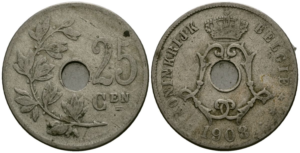 Бельгия 25 сантимов 1908 Belgie KM 63 медно-никель 4165-641
