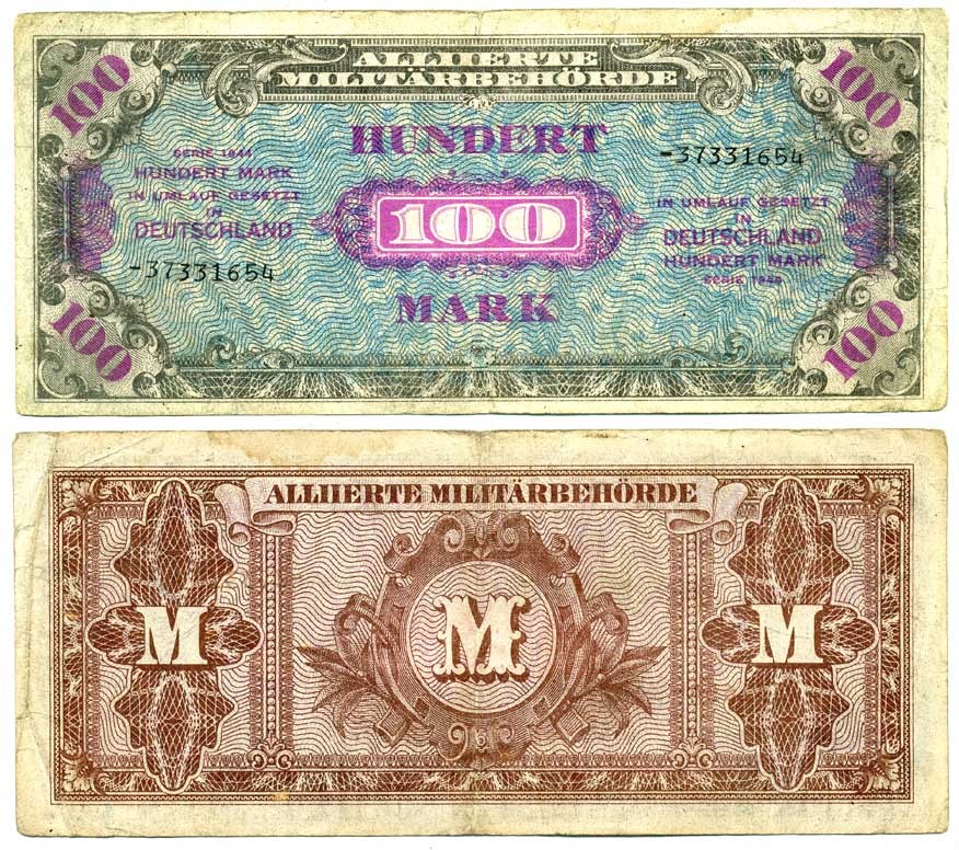 Германия, оккупация союзниками 100 марок 1944 8 цифр, без кода, выпуск СССР Pick 197 d, Розенберг 206 d бумага 7207-40-2