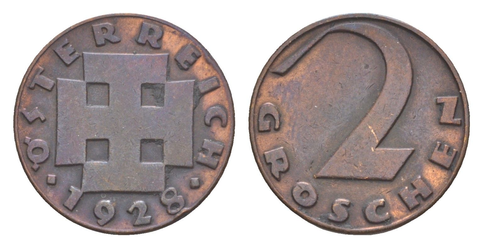 Австрия 2 гроша 1928 KM 2837 бронза 4564-253