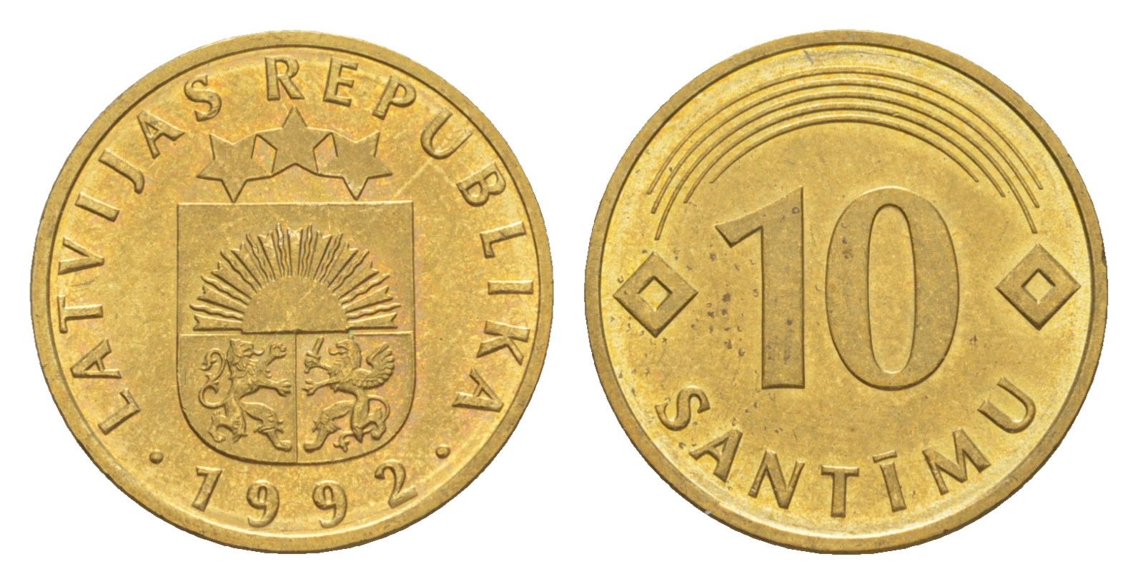 Латвия 10 сантимов 1992 KM 17 никель латунь UNC 3999-1151