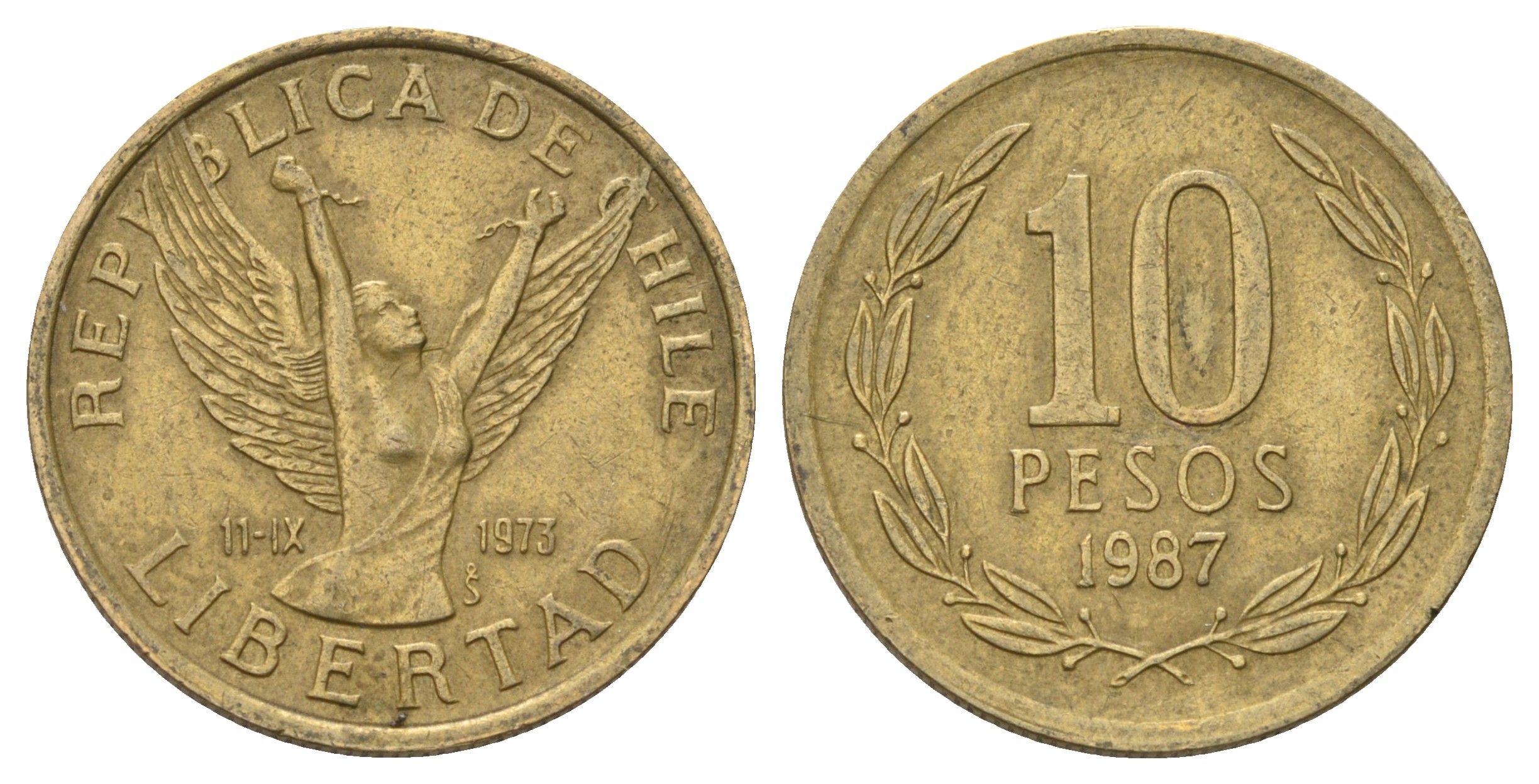 Чили 10 песо 1987 KM 218 латунь 4689-245