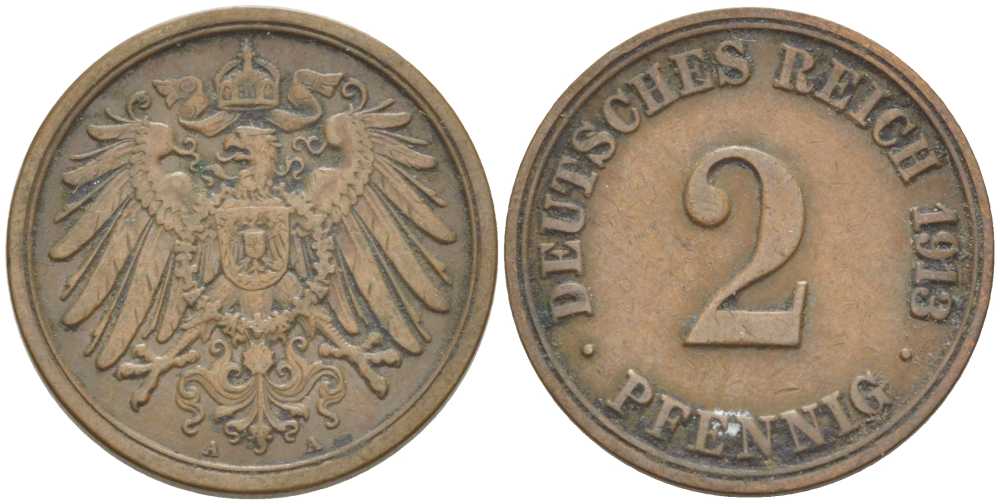 Германия 2 пфеннига 1913 A KM 16, J. 11, Weege 4 медь 212-422