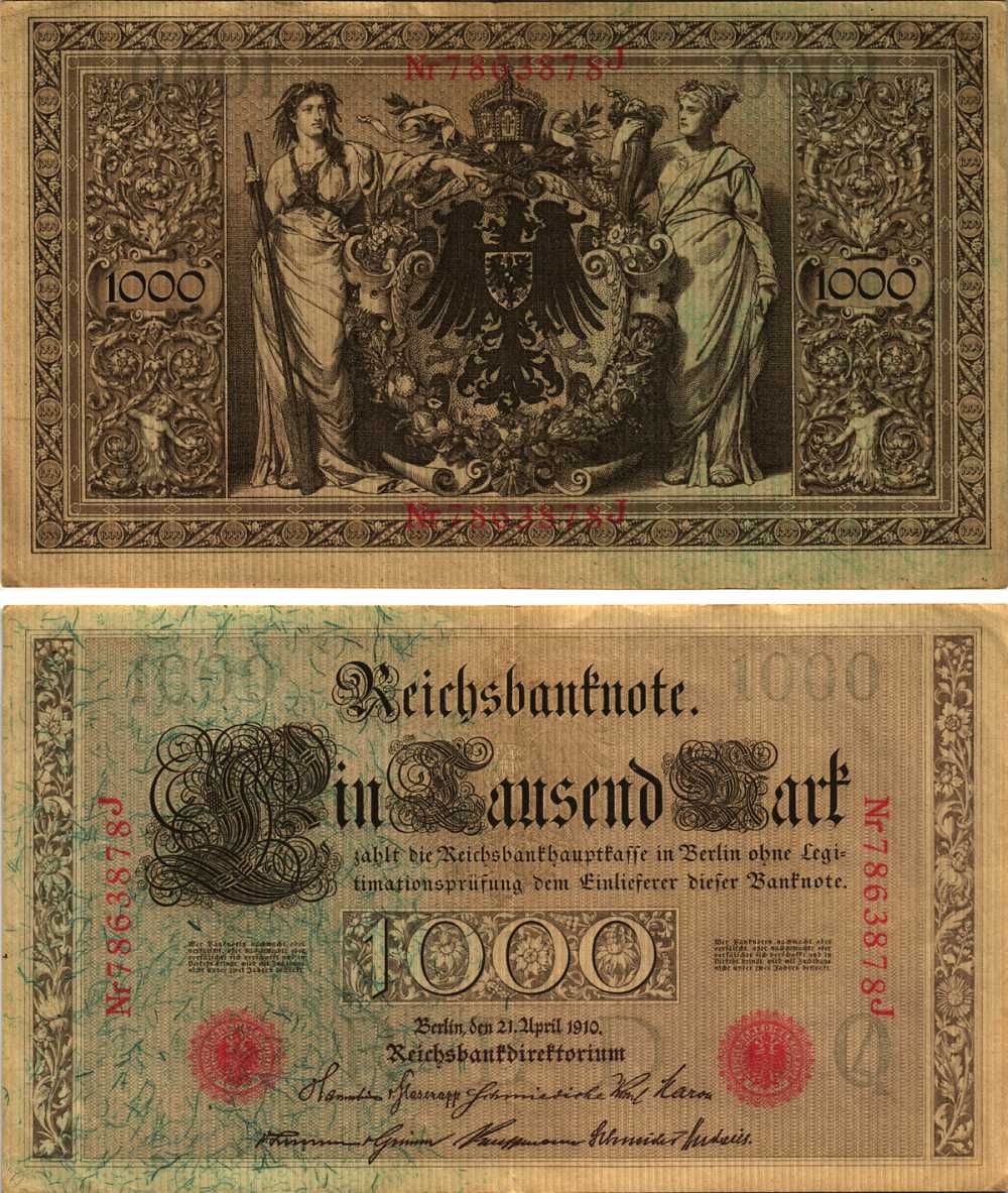 ГЕРМАНИЯ 1000 МАРОК 1910 21 АПРЕЛЯ 1910, СЕМИЗНАЧНЫЙ НОМЕР, СЕРИЯ J Pick 44b бумага 8610-18-1