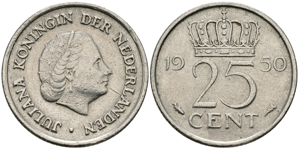 НИДЕРЛАНДЫ 25 ЦЕНТОВ 1950 ЮЛИАНА KM 183 никель 96-122