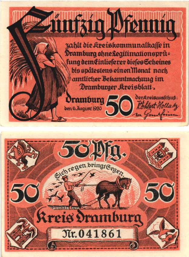 ДРАМБУРГ (ДРАВСКО-ПОМОРСКЕ, ПОЛЬША) 50 ПФЕННИГОВ 1920 НОТГЕЛЬД, 6 АВГУСТА 1920, ЗЕМЛЯ Grabowski 261.1c бумага 8589-3-2-1