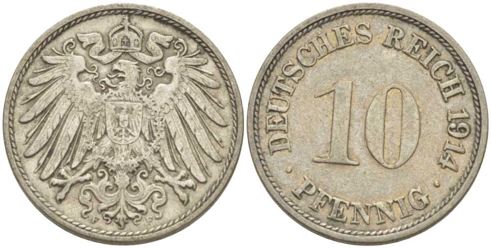 ГЕРМАНИЯ 10 ПФЕННИГОВ 1914 F KM 12, J. 13, Weege 8 медно-никель 212-246