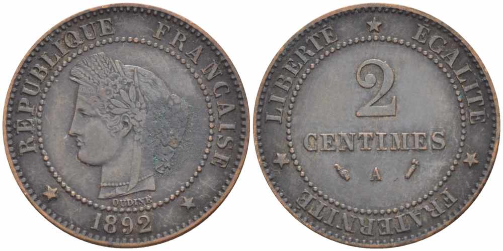 ФРАНЦИЯ 2 САНТИМА 1892 А, ТРЕТЬЯ РЕСПУБЛИКА (1871-1940) KM 827.1, LE FRANC 109.18 бронза 105-348