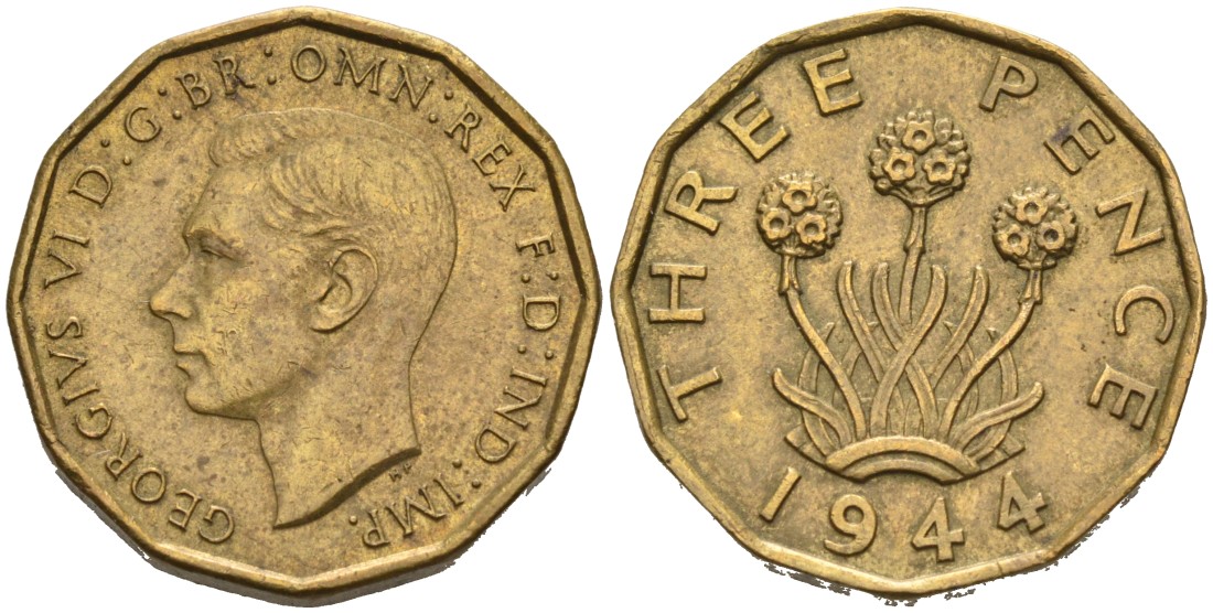 Великобритания 3 пенса 1944 Георг VI (1937-1952) KM 849, Spink 4112 никель латунь 4561-957