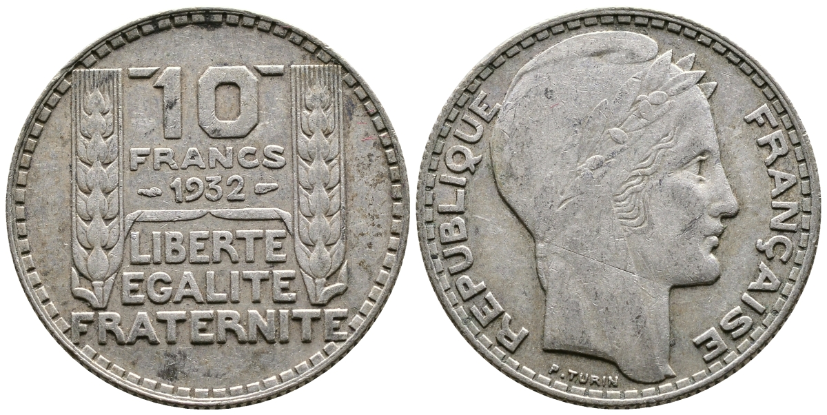 Франция 10 франков 1932 Пьер Тюрен KM 878, Le Franc 360.5 серебро 79-1545