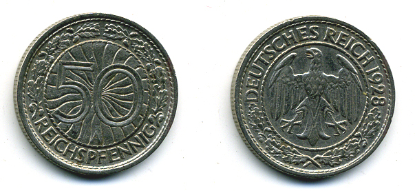 Германия 50 рейхспфеннигов 1928 A KM 49, J.324 никель 58-246