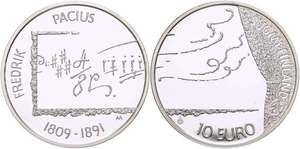 Финляндия 10 евро 2009 Фредрик Пациус, композитор KM 148 серебро  PROOF 1084-9-61