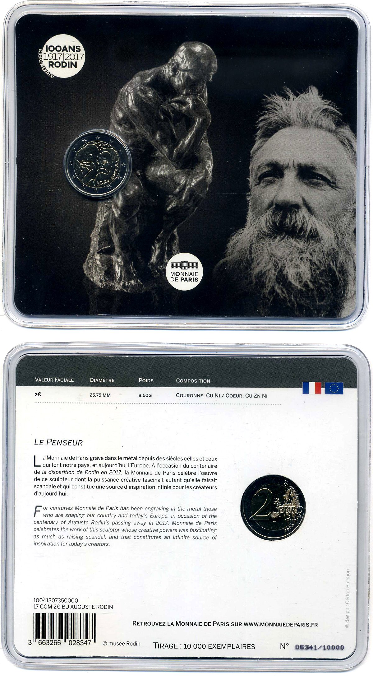 Франция 2 евро 2017 100 лет со дня смерти Огюста Родена, буклет, пластик, запайка KM 104 биметалл BUNC 966-5-2