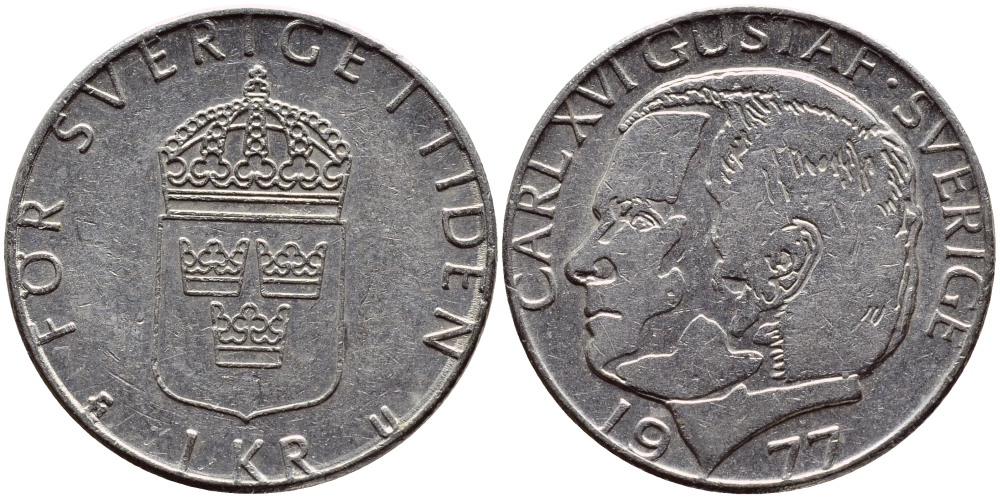 Швеция 1 крона 1977 Карл XVI Густав (1973- ) KM 852 медь плакированная медно-никелем 4397-847